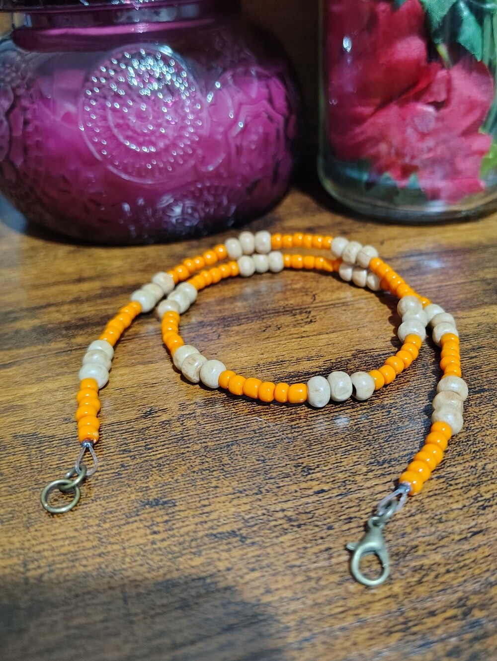 Handmade Orange  Beaded Men's Necklace With Wood Beads